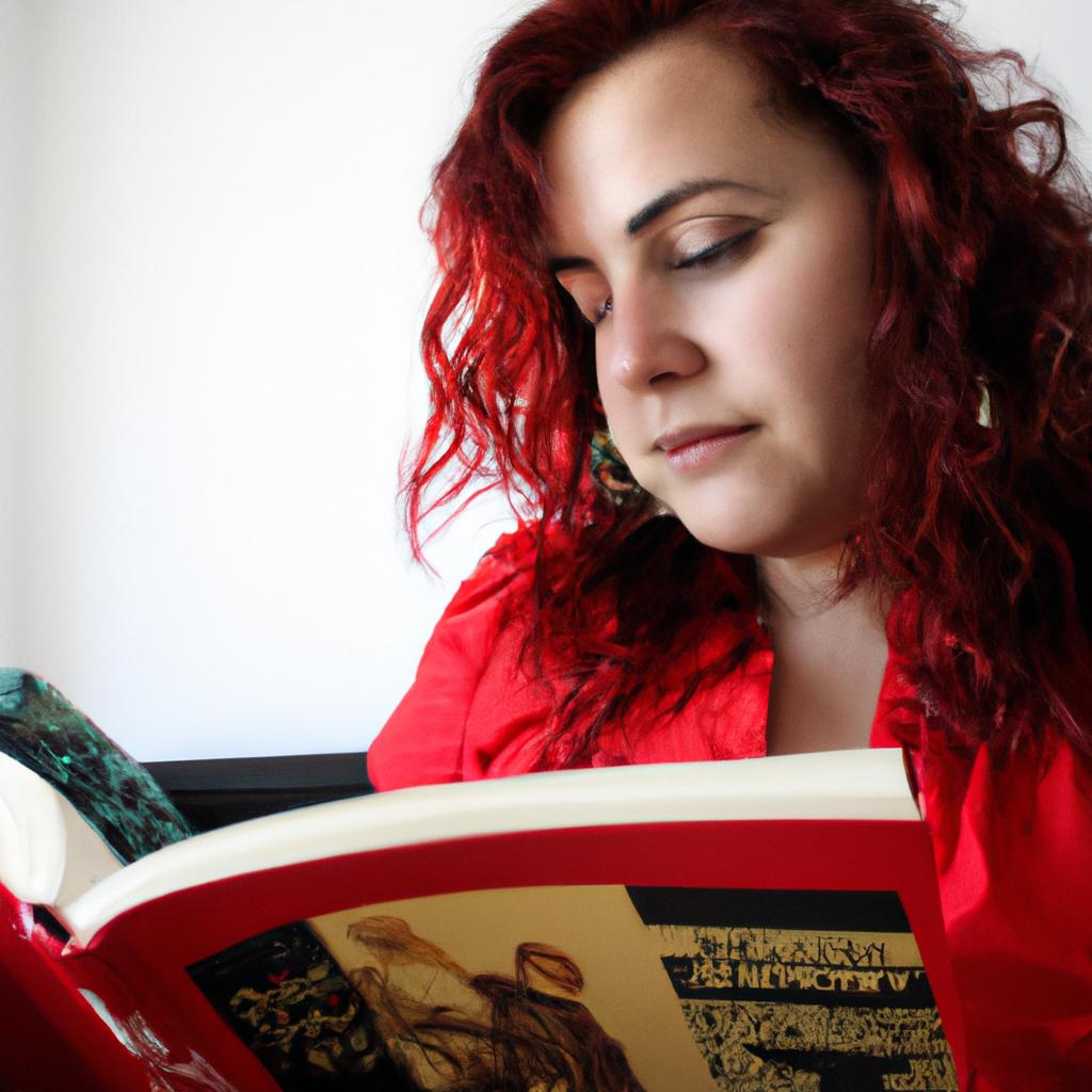 Woman reading book with enthusiasm